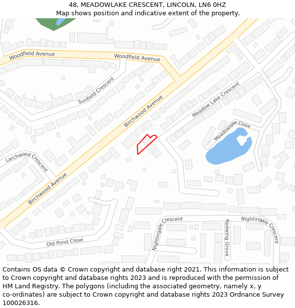 48, MEADOWLAKE CRESCENT, LINCOLN, LN6 0HZ: Location map and indicative extent of plot