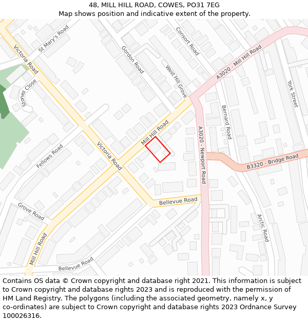 48, MILL HILL ROAD, COWES, PO31 7EG: Location map and indicative extent of plot