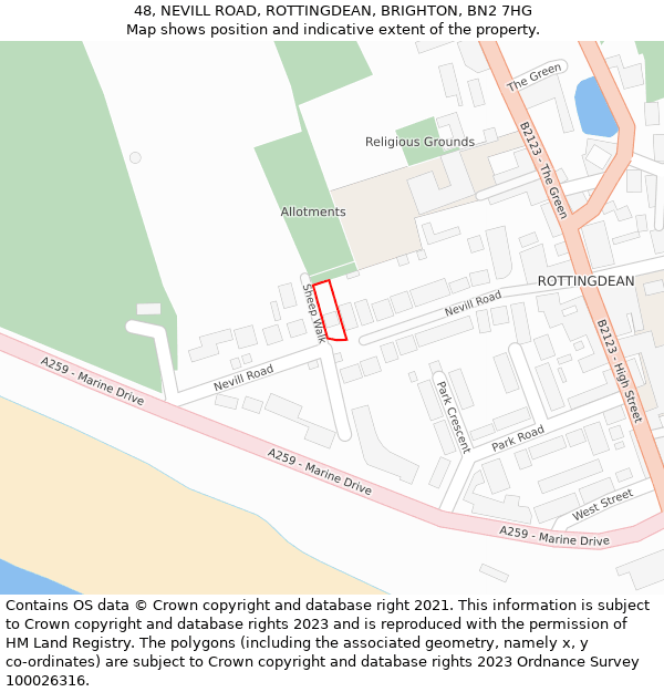 48, NEVILL ROAD, ROTTINGDEAN, BRIGHTON, BN2 7HG: Location map and indicative extent of plot