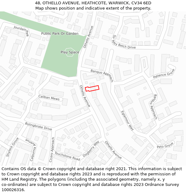 48, OTHELLO AVENUE, HEATHCOTE, WARWICK, CV34 6ED: Location map and indicative extent of plot