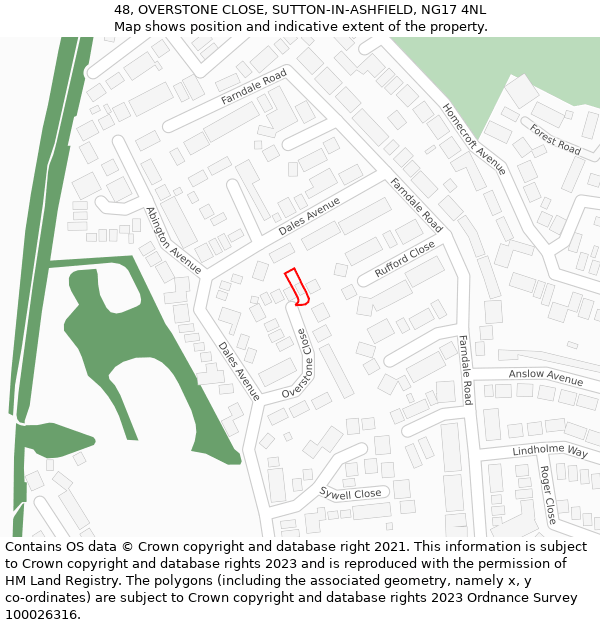 48, OVERSTONE CLOSE, SUTTON-IN-ASHFIELD, NG17 4NL: Location map and indicative extent of plot