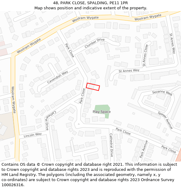 48, PARK CLOSE, SPALDING, PE11 1PR: Location map and indicative extent of plot