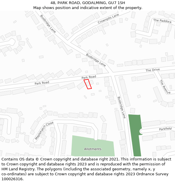 48, PARK ROAD, GODALMING, GU7 1SH: Location map and indicative extent of plot