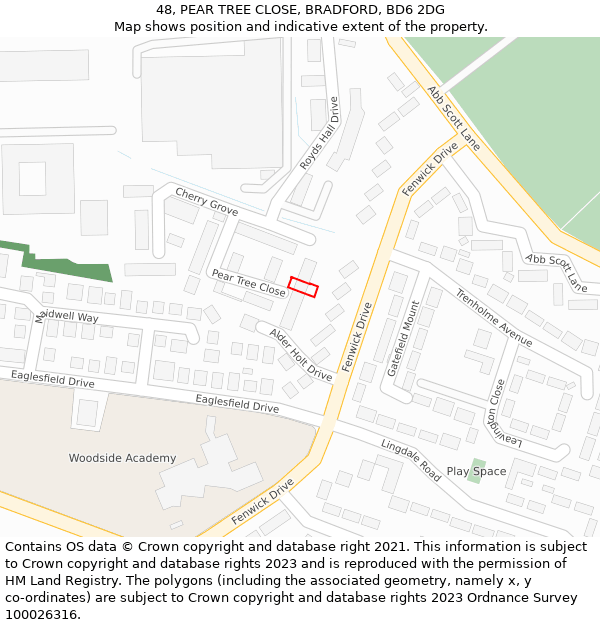 48, PEAR TREE CLOSE, BRADFORD, BD6 2DG: Location map and indicative extent of plot