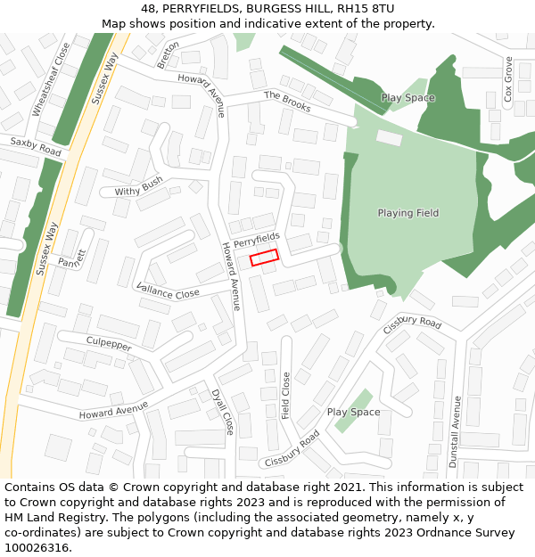 48, PERRYFIELDS, BURGESS HILL, RH15 8TU: Location map and indicative extent of plot