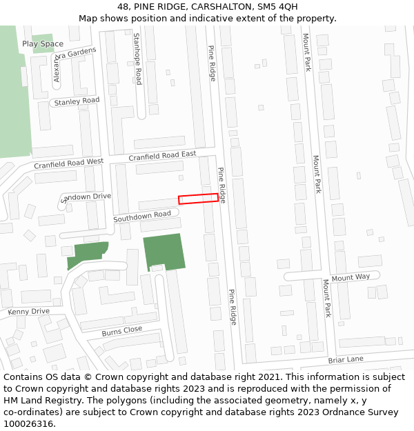 48, PINE RIDGE, CARSHALTON, SM5 4QH: Location map and indicative extent of plot