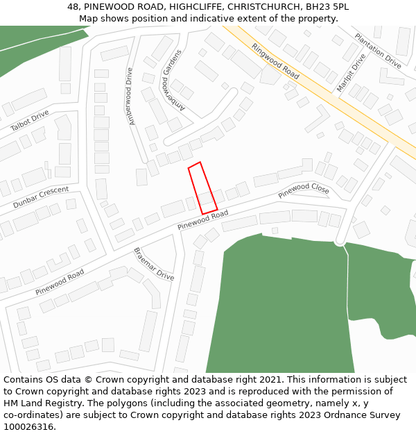 48, PINEWOOD ROAD, HIGHCLIFFE, CHRISTCHURCH, BH23 5PL: Location map and indicative extent of plot