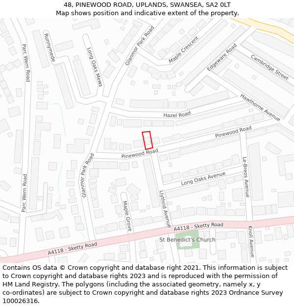 48, PINEWOOD ROAD, UPLANDS, SWANSEA, SA2 0LT: Location map and indicative extent of plot