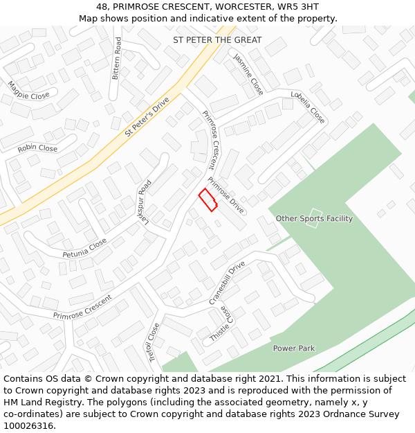 48, PRIMROSE CRESCENT, WORCESTER, WR5 3HT: Location map and indicative extent of plot