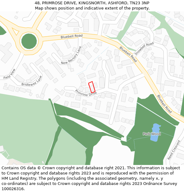 48, PRIMROSE DRIVE, KINGSNORTH, ASHFORD, TN23 3NP: Location map and indicative extent of plot