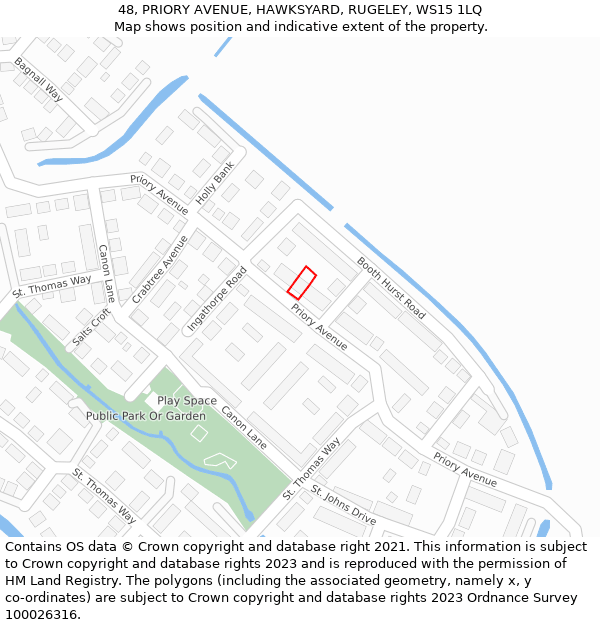 48, PRIORY AVENUE, HAWKSYARD, RUGELEY, WS15 1LQ: Location map and indicative extent of plot