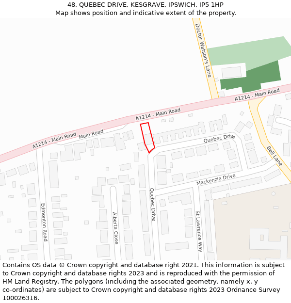 48, QUEBEC DRIVE, KESGRAVE, IPSWICH, IP5 1HP: Location map and indicative extent of plot