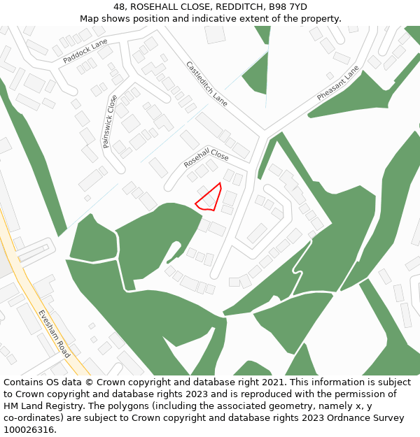 48, ROSEHALL CLOSE, REDDITCH, B98 7YD: Location map and indicative extent of plot