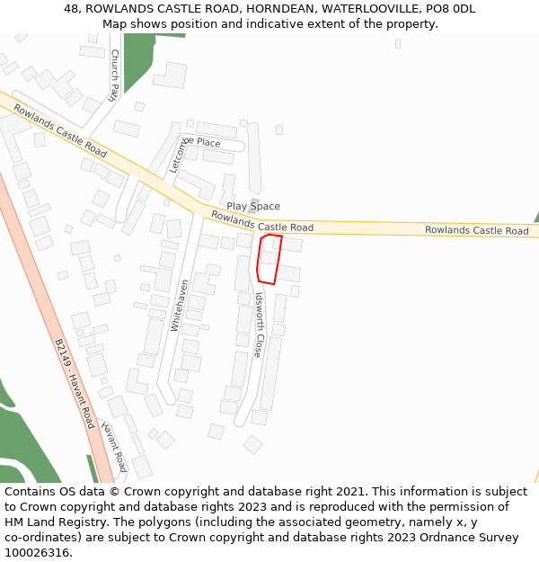 48, ROWLANDS CASTLE ROAD, HORNDEAN, WATERLOOVILLE, PO8 0DL: Location map and indicative extent of plot