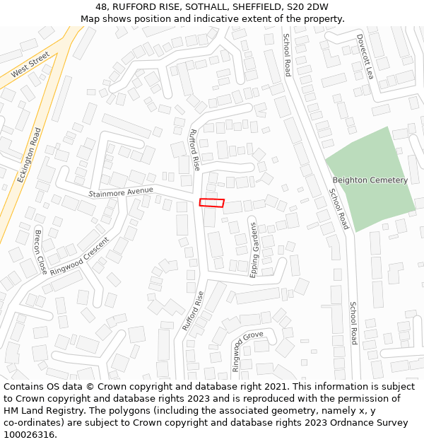 48, RUFFORD RISE, SOTHALL, SHEFFIELD, S20 2DW: Location map and indicative extent of plot