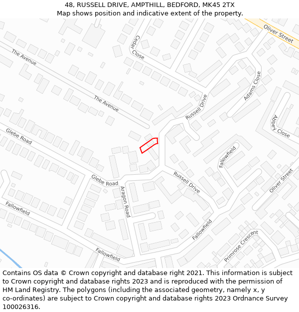 48, RUSSELL DRIVE, AMPTHILL, BEDFORD, MK45 2TX: Location map and indicative extent of plot