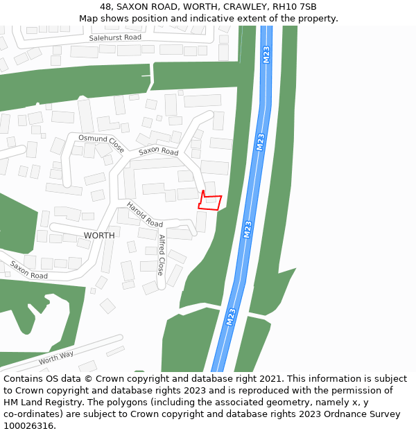 48, SAXON ROAD, WORTH, CRAWLEY, RH10 7SB: Location map and indicative extent of plot