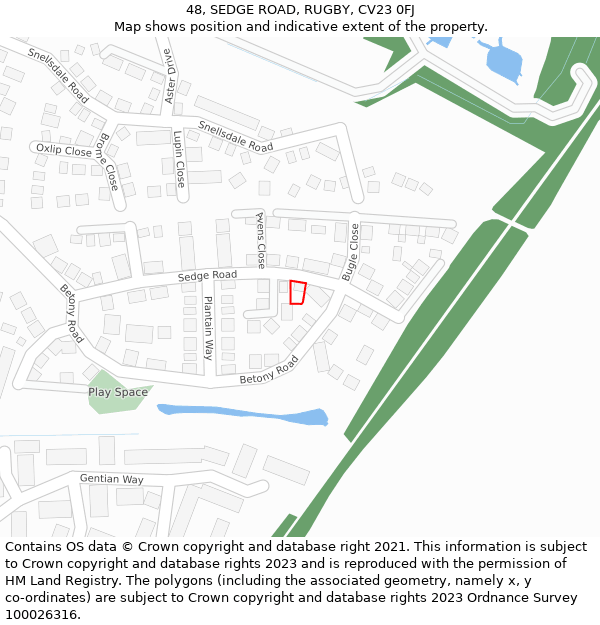 48, SEDGE ROAD, RUGBY, CV23 0FJ: Location map and indicative extent of plot