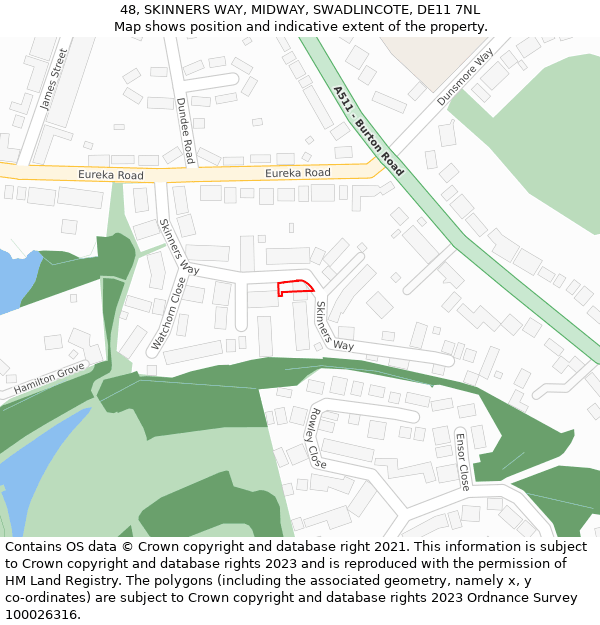 48, SKINNERS WAY, MIDWAY, SWADLINCOTE, DE11 7NL: Location map and indicative extent of plot