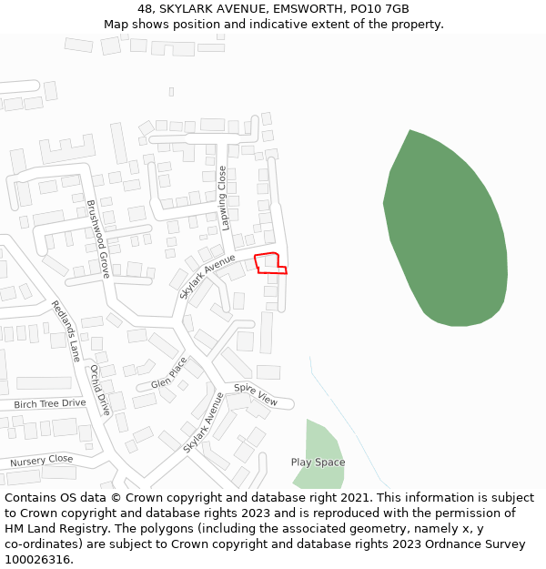 48, SKYLARK AVENUE, EMSWORTH, PO10 7GB: Location map and indicative extent of plot