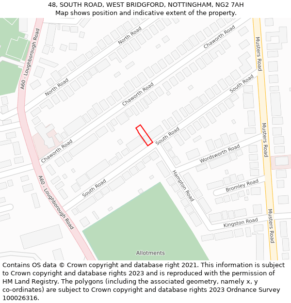 48, SOUTH ROAD, WEST BRIDGFORD, NOTTINGHAM, NG2 7AH: Location map and indicative extent of plot