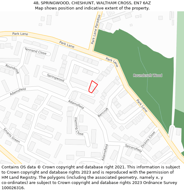 48, SPRINGWOOD, CHESHUNT, WALTHAM CROSS, EN7 6AZ: Location map and indicative extent of plot