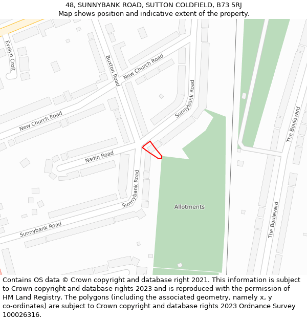 48, SUNNYBANK ROAD, SUTTON COLDFIELD, B73 5RJ: Location map and indicative extent of plot