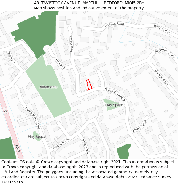 48, TAVISTOCK AVENUE, AMPTHILL, BEDFORD, MK45 2RY: Location map and indicative extent of plot