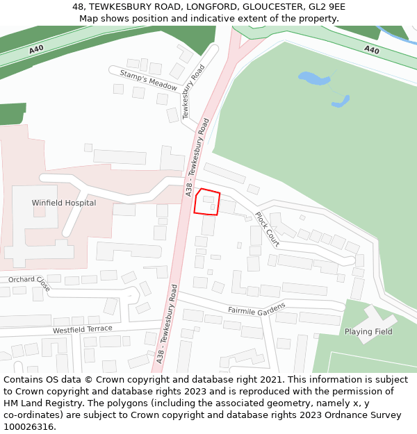 48, TEWKESBURY ROAD, LONGFORD, GLOUCESTER, GL2 9EE: Location map and indicative extent of plot