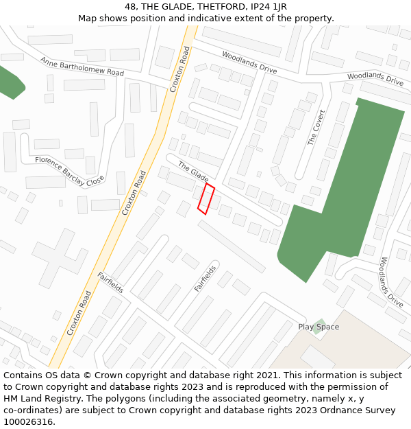 48, THE GLADE, THETFORD, IP24 1JR: Location map and indicative extent of plot