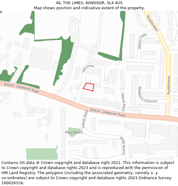 48, THE LIMES, WINDSOR, SL4 4US: Location map and indicative extent of plot