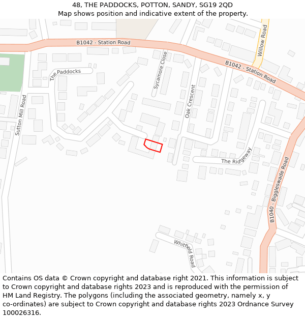 48, THE PADDOCKS, POTTON, SANDY, SG19 2QD: Location map and indicative extent of plot