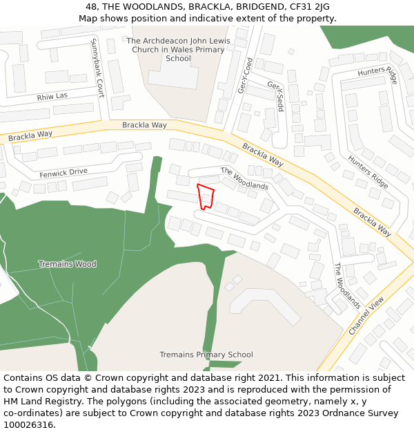 48, THE WOODLANDS, BRACKLA, BRIDGEND, CF31 2JG: Location map and indicative extent of plot