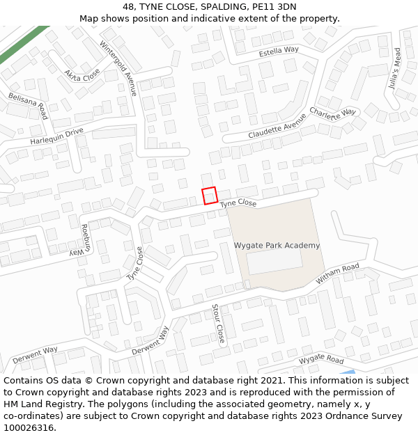 48, TYNE CLOSE, SPALDING, PE11 3DN: Location map and indicative extent of plot