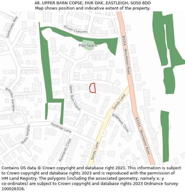 48, UPPER BARN COPSE, FAIR OAK, EASTLEIGH, SO50 8DD: Location map and indicative extent of plot