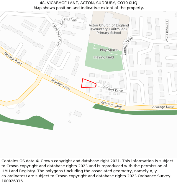 48, VICARAGE LANE, ACTON, SUDBURY, CO10 0UQ: Location map and indicative extent of plot