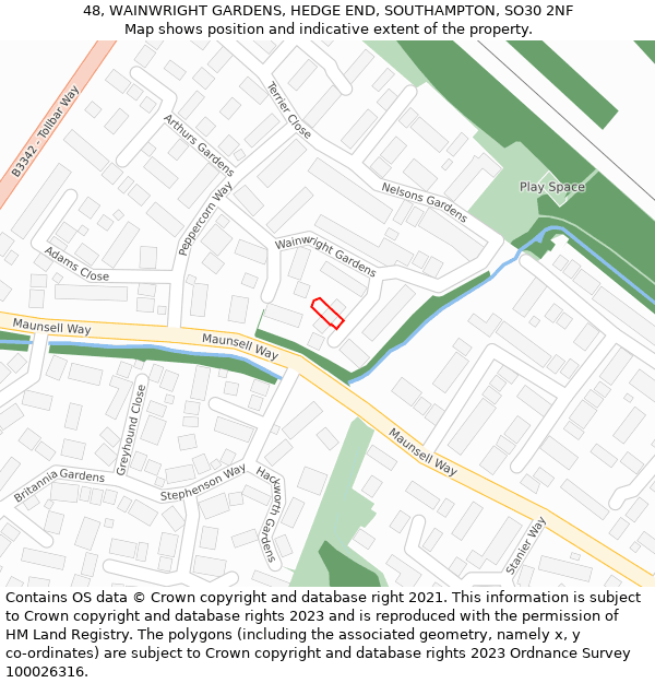 48, WAINWRIGHT GARDENS, HEDGE END, SOUTHAMPTON, SO30 2NF: Location map and indicative extent of plot