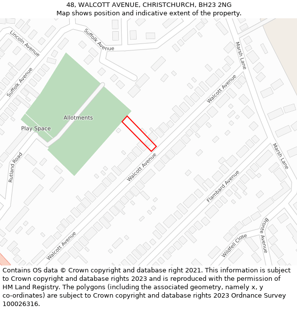 48, WALCOTT AVENUE, CHRISTCHURCH, BH23 2NG: Location map and indicative extent of plot