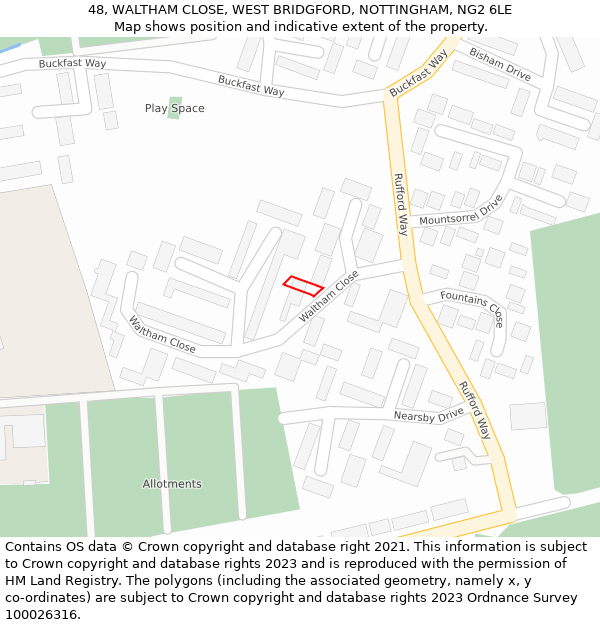 48, WALTHAM CLOSE, WEST BRIDGFORD, NOTTINGHAM, NG2 6LE: Location map and indicative extent of plot
