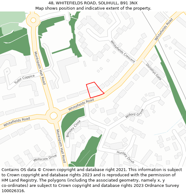48, WHITEFIELDS ROAD, SOLIHULL, B91 3NX: Location map and indicative extent of plot