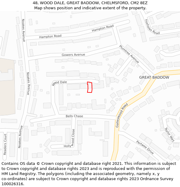 48, WOOD DALE, GREAT BADDOW, CHELMSFORD, CM2 8EZ: Location map and indicative extent of plot