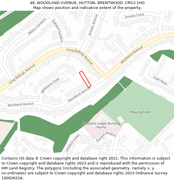 48, WOODLAND AVENUE, HUTTON, BRENTWOOD, CM13 1HG: Location map and indicative extent of plot
