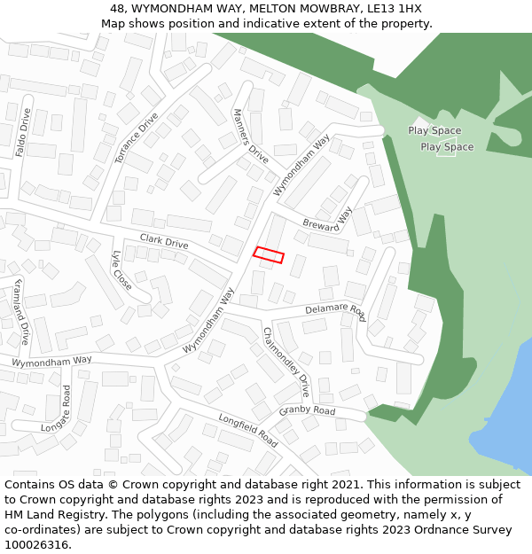 48, WYMONDHAM WAY, MELTON MOWBRAY, LE13 1HX: Location map and indicative extent of plot