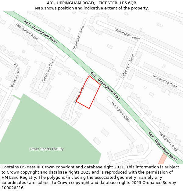 481, UPPINGHAM ROAD, LEICESTER, LE5 6QB: Location map and indicative extent of plot