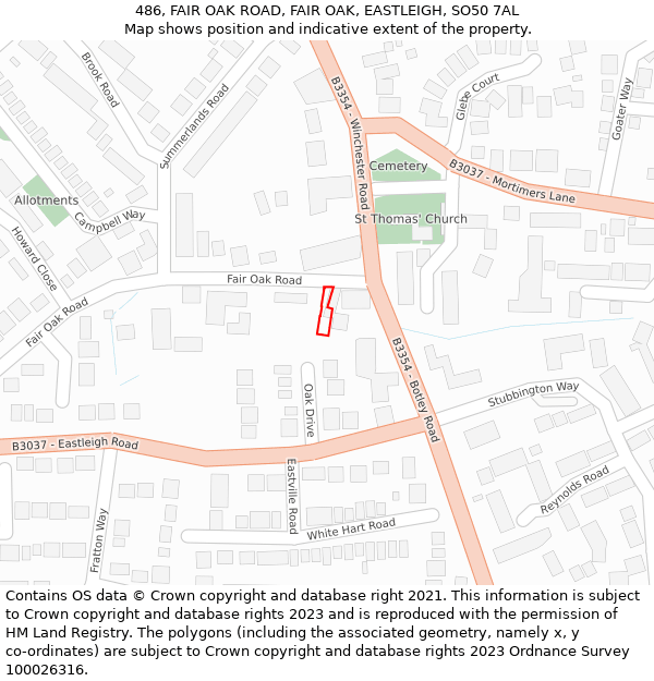 486, FAIR OAK ROAD, FAIR OAK, EASTLEIGH, SO50 7AL: Location map and indicative extent of plot