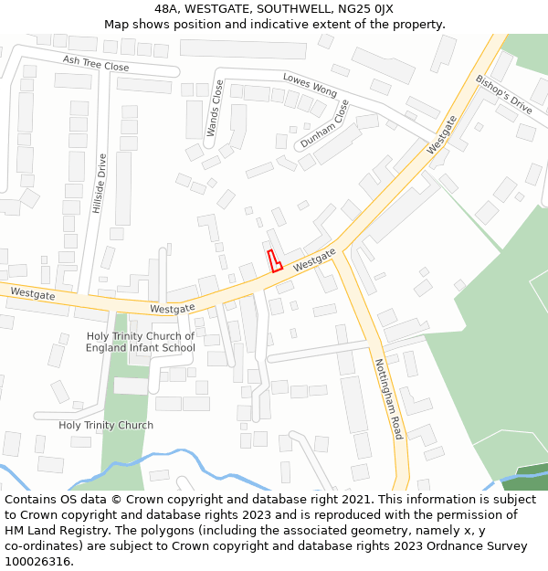 48A, WESTGATE, SOUTHWELL, NG25 0JX: Location map and indicative extent of plot