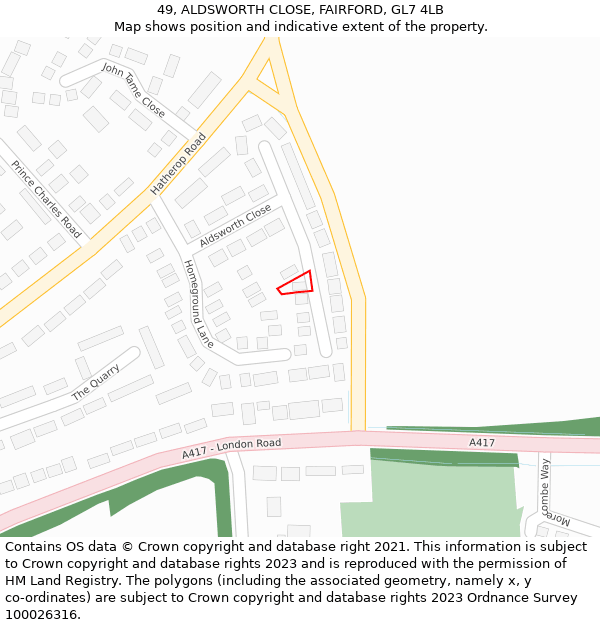 49, ALDSWORTH CLOSE, FAIRFORD, GL7 4LB: Location map and indicative extent of plot