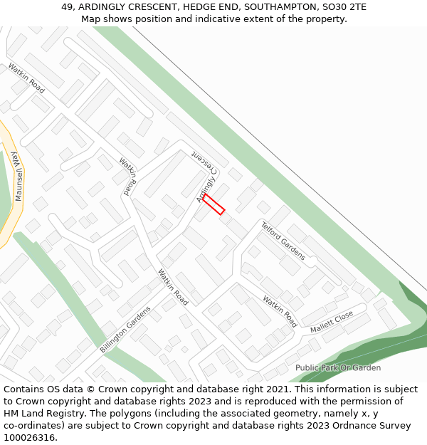 49, ARDINGLY CRESCENT, HEDGE END, SOUTHAMPTON, SO30 2TE: Location map and indicative extent of plot