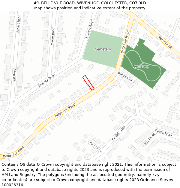 49, BELLE VUE ROAD, WIVENHOE, COLCHESTER, CO7 9LD: Location map and indicative extent of plot