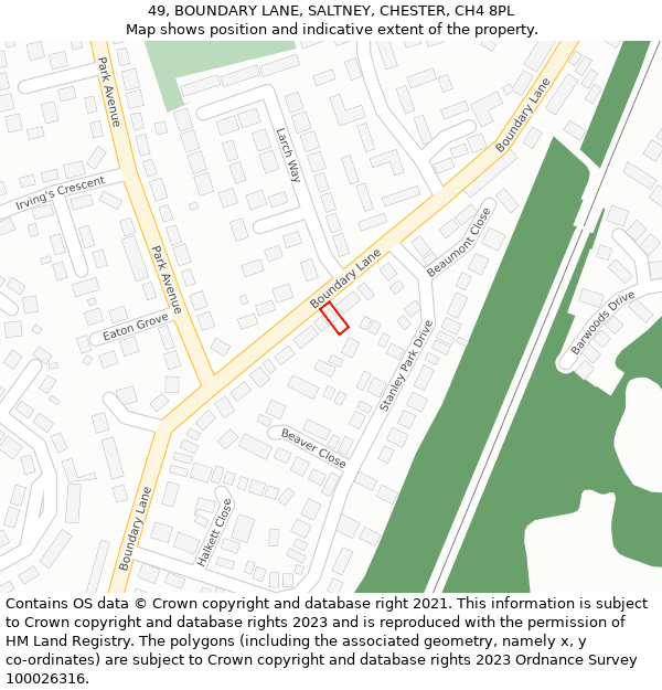 49, BOUNDARY LANE, SALTNEY, CHESTER, CH4 8PL: Location map and indicative extent of plot